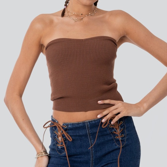 Edikted Tops - New brown knit ribbed sweetheart neckline strapless top
